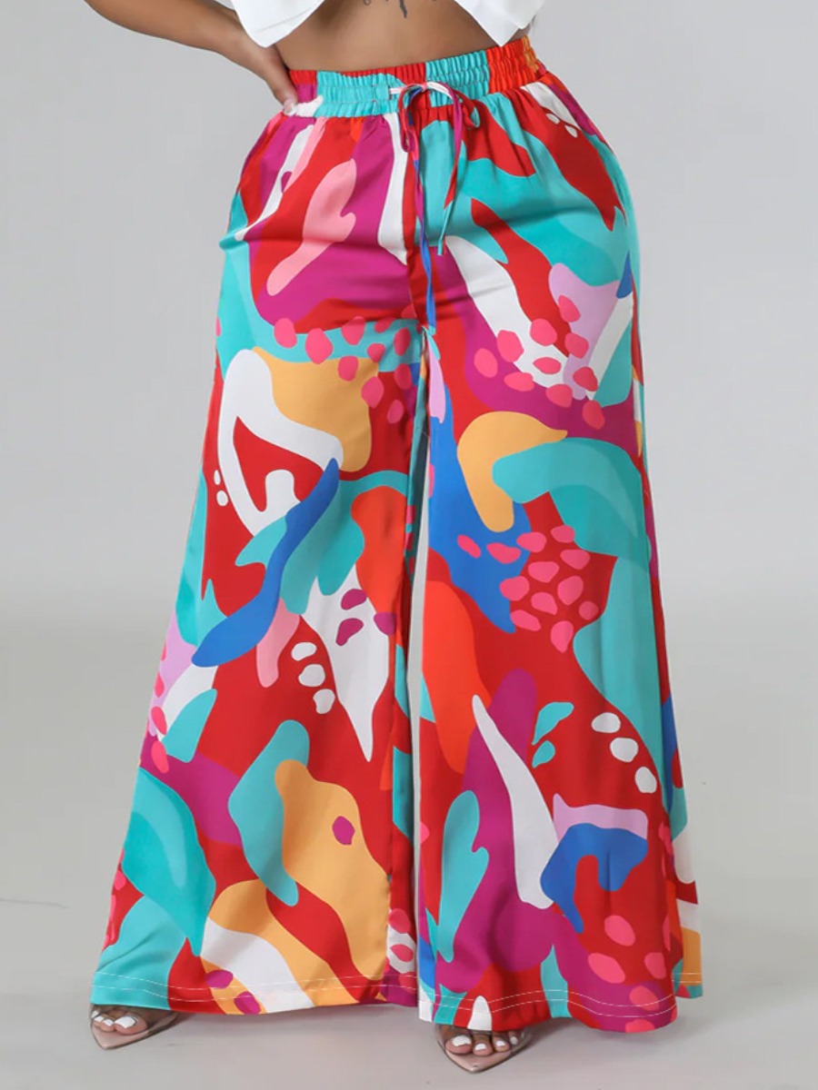 LW Plus Size Mixed Print Drawstring Wide Leg Pants