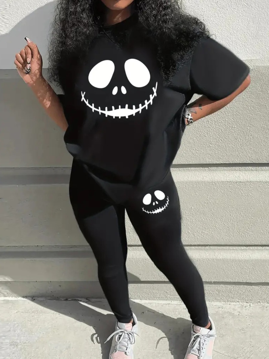 LW Round Neck Cartoon Print Skinny Pants Set