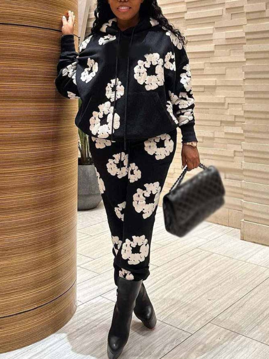 LW Plus Size Hooded Collar Floral Print Loose Pants Set