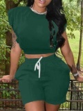 LW Casual Round Neck Drawstring Green Two Piece Shorts Set