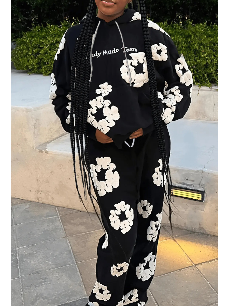LW Hooded Collar Floral Print Tracksuit Set
