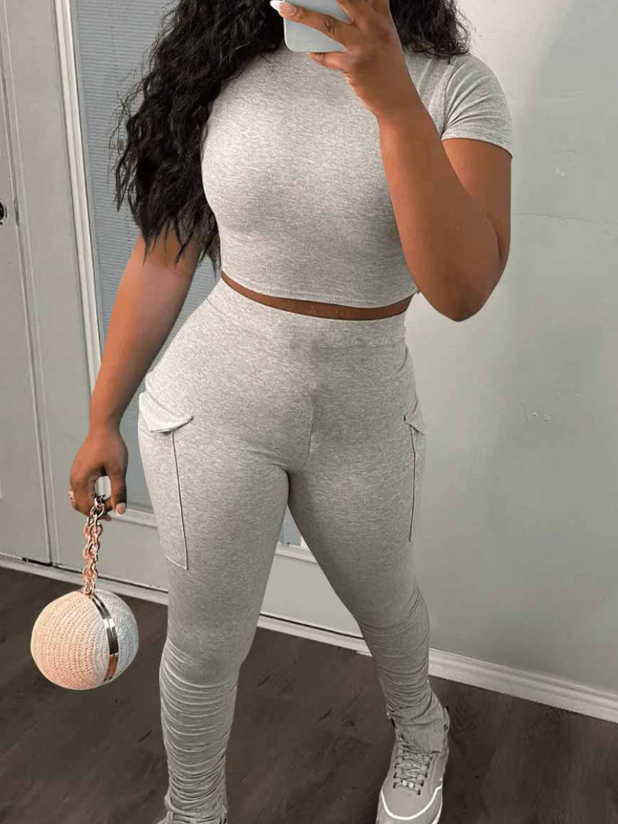 LW Crop Top Drastring Side Pocket Pants Set