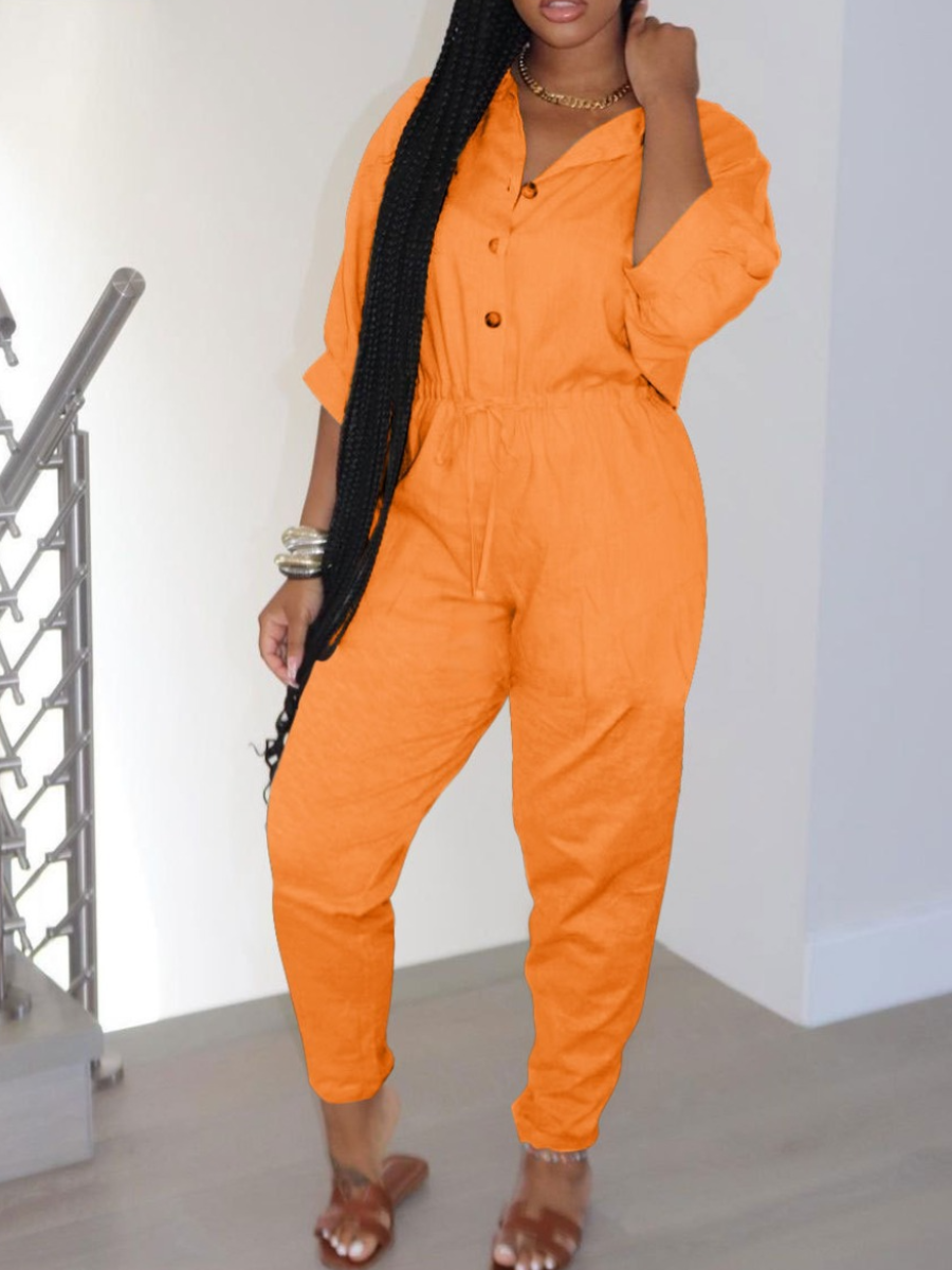 LW Button Design Drawstring Regular Fit Jumpsuit