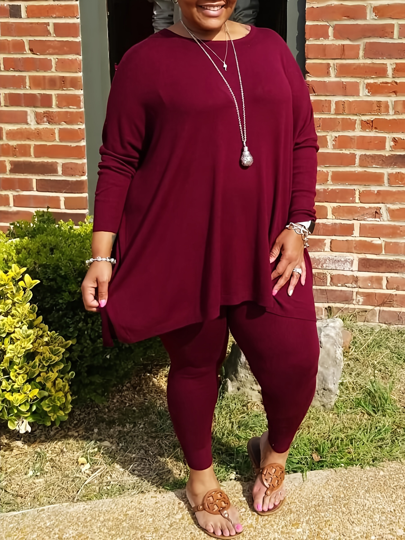 LW BASICS Plus Size Round Neck Asymmetrical Pants Set