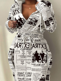 LW SXY Plus Size Newspaper Print Drawstring Side Pocket Bodycon Dress