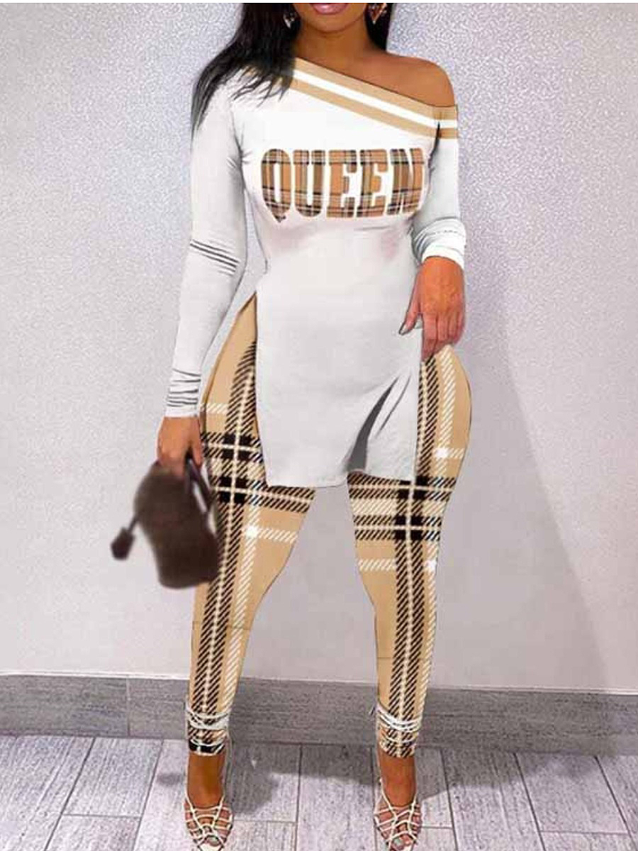 LW Plus Size Plaid Queen Letter Print Pants Set