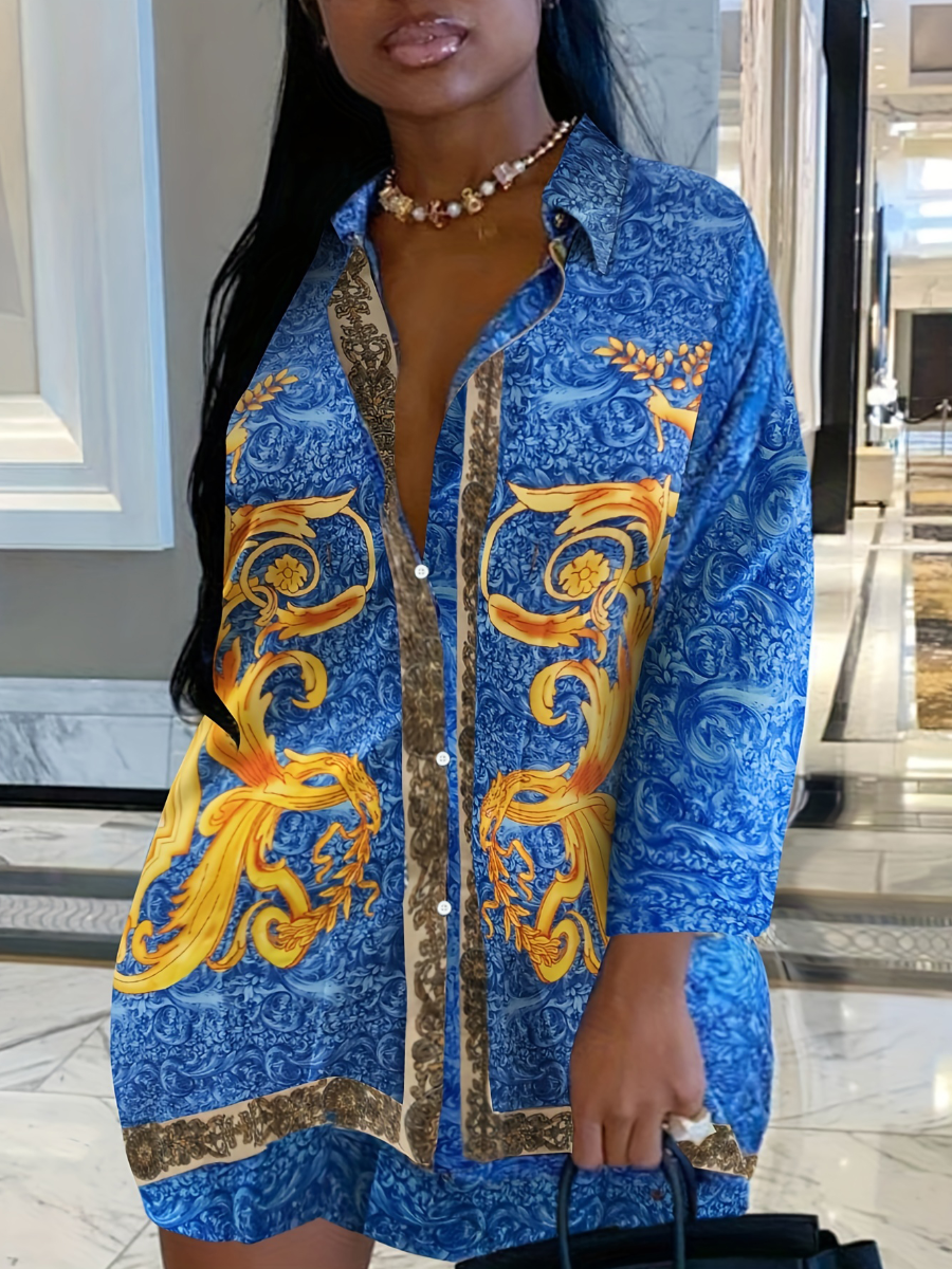 LW Plus Size Button Design Mixed Printing Shirt Dress
