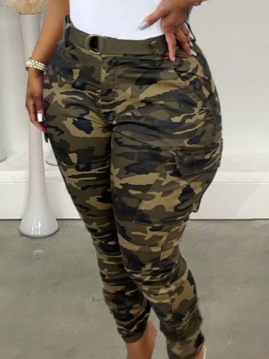 LW Camo Print Belt Design Side Pocket Cargo Pants