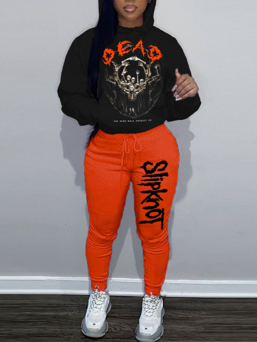 LW Drawstring Skull Head Print Two-piece Pants Set