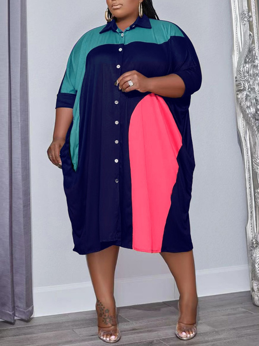 LW Plus Size Pocket Design Patchwork Shirt Loose Dress