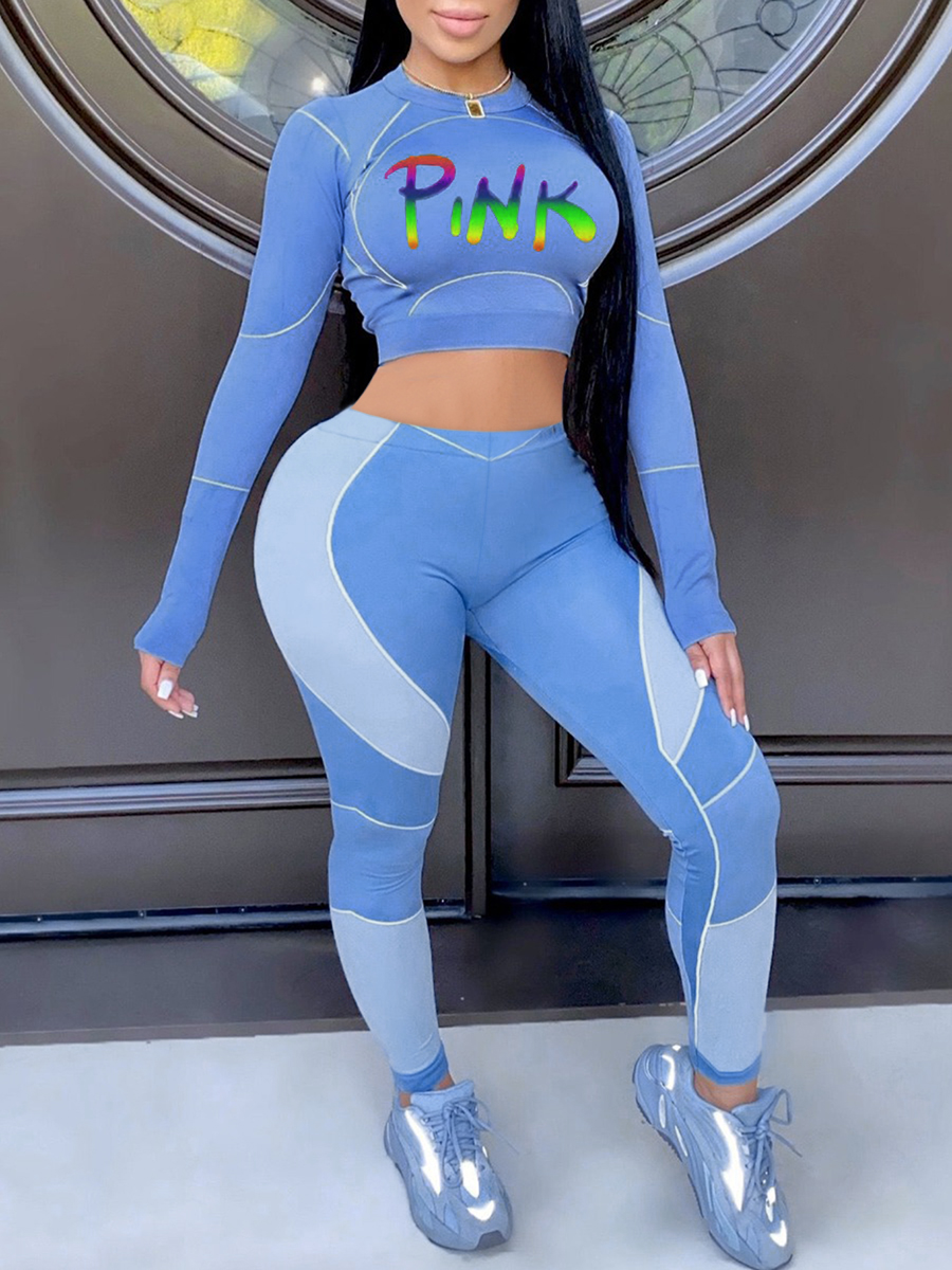 LW Plus Size Crop Top Gradient Pink Letter Print Pants Set