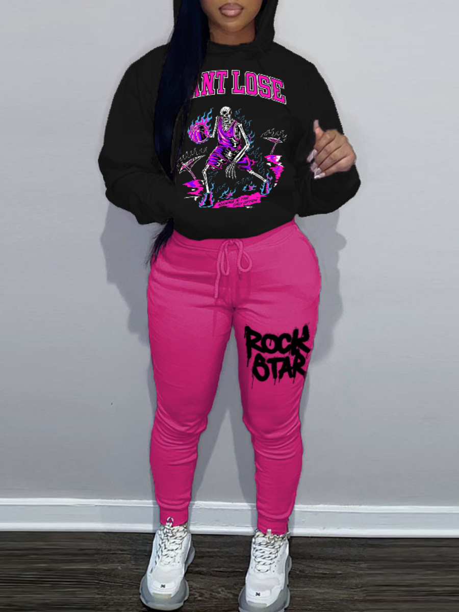 LW Skeleton Letter Print Kangaroo Pocket Tracksuit Set