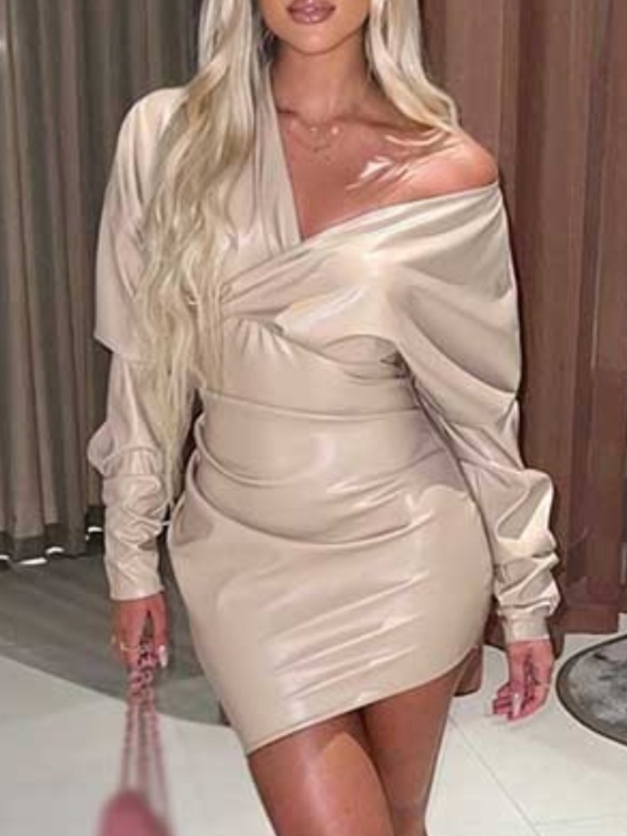 LW SXY Faux Leather V Neck Fold Design Bodycon Dress