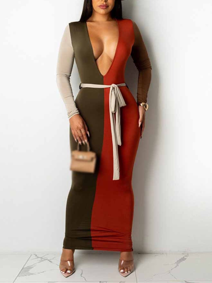 LW V Neck Patchwork Bodycon Dress