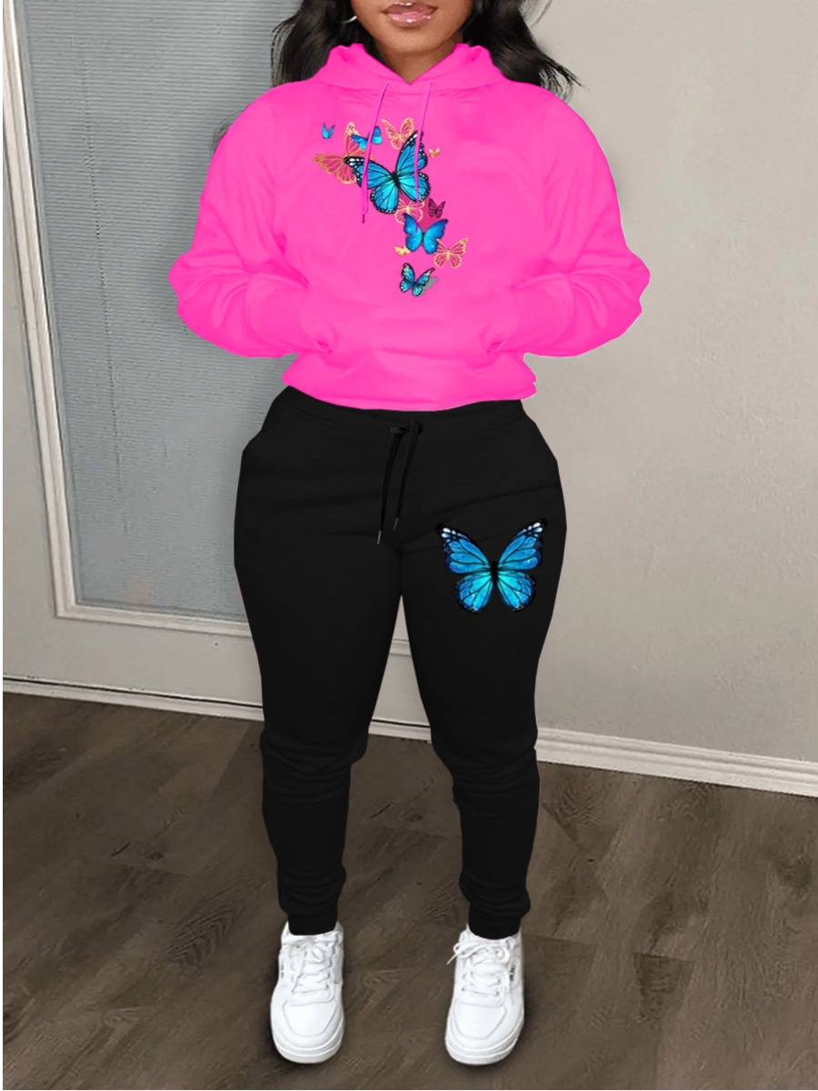 LW Plus Size Butterfly Print Kangaroo Pocket Track