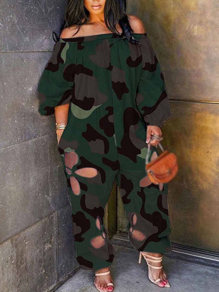 LW Plus Size Off The Shoulder Camo Print Cut Out J