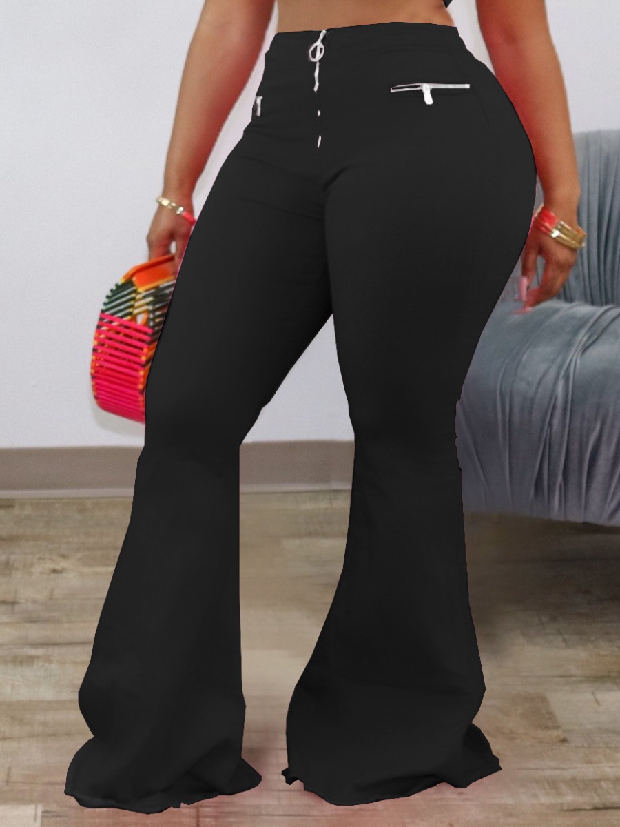 LW Plus Size High Waist Pocket Design Flared Pants