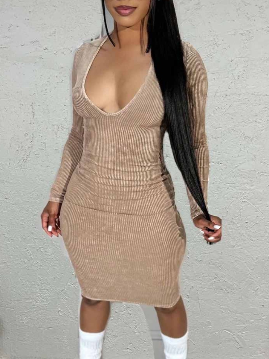 LW BASICS V Neck Rib Knit Bodycon Dress