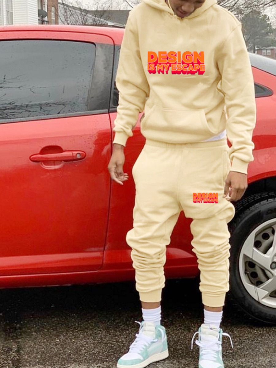 LW Men Letter Print Kangaroo Pocket Tracksuit Set
