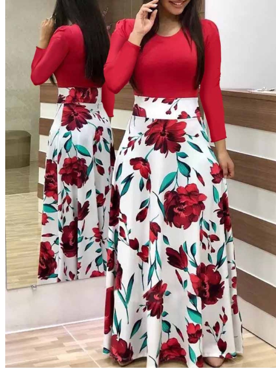 LW Plus Size Patchwork Pattern Print Floral Long Sleeve Regular Dress