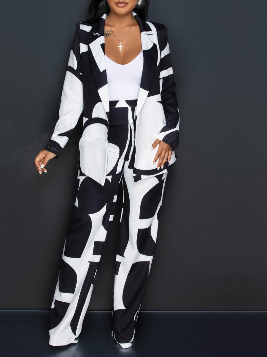 LW Plus Size Cow Print Bandage Design Blazer Pants Set