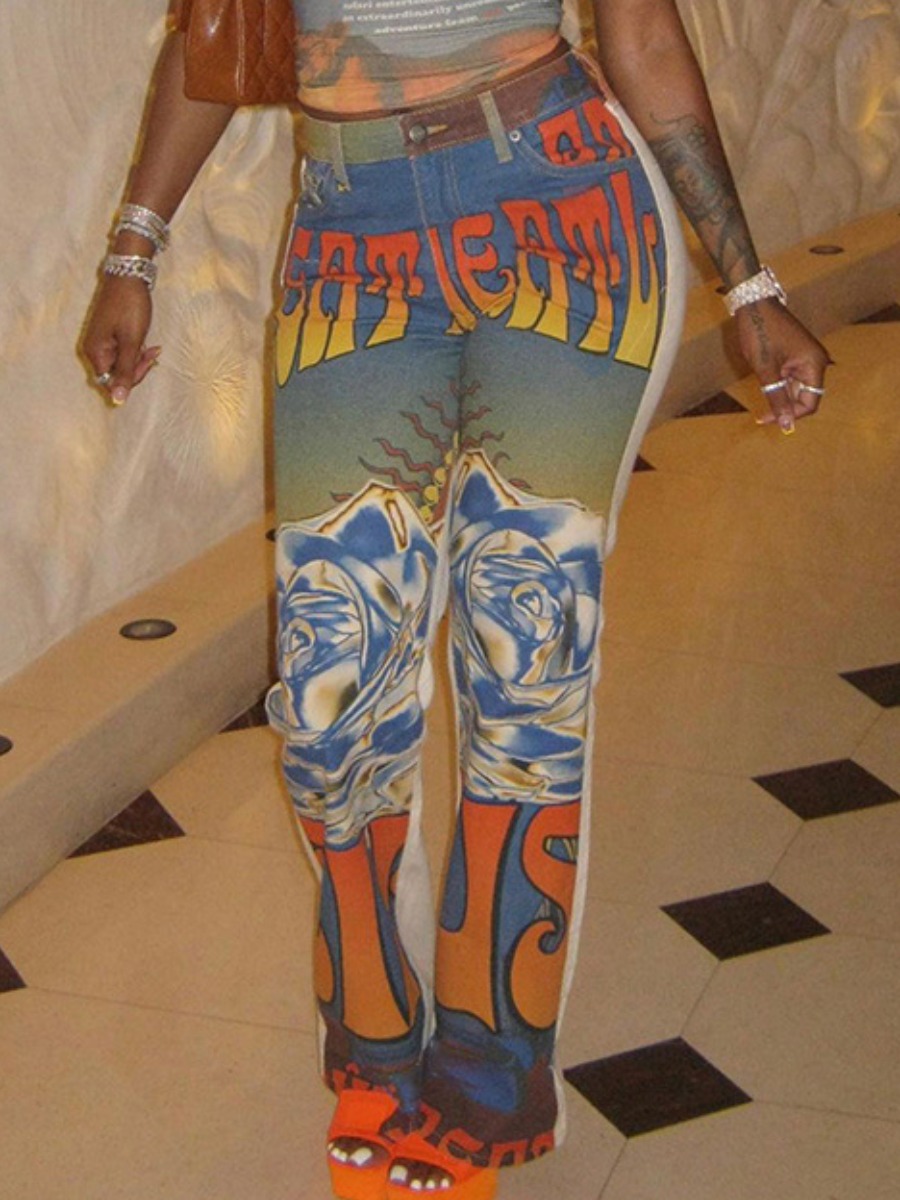 LW High Waist Pattern Print Boot Cut Pants