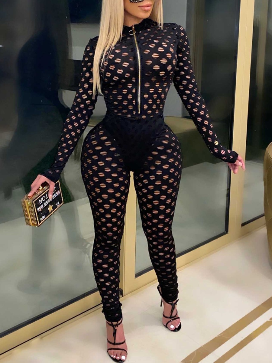 LW SXY See Through Zipper Design Pierced Skinny Ju