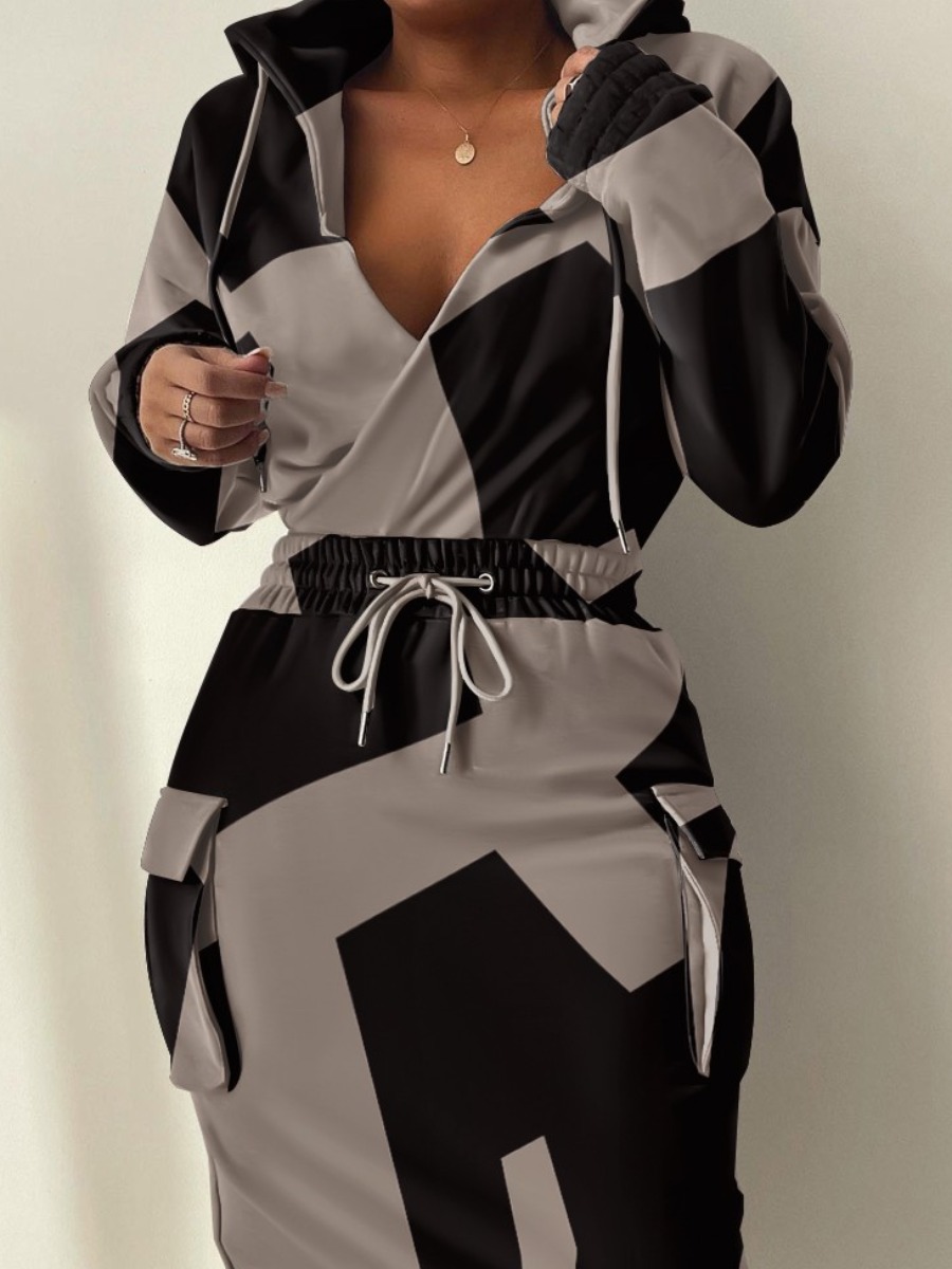 LW Geometric Print Side Pocket Drawstring Dress