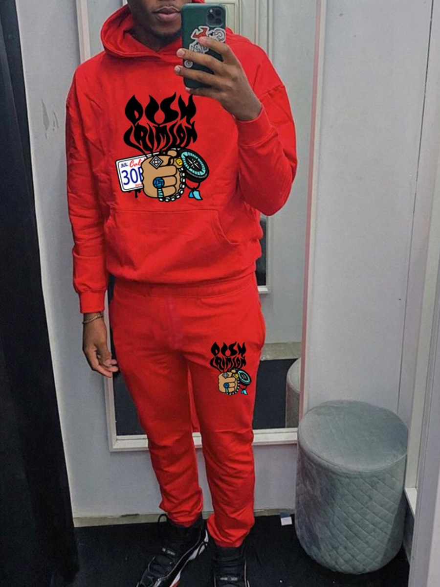 LW Men Cartoon Print Kangaroo Pocket Tracksuit Set