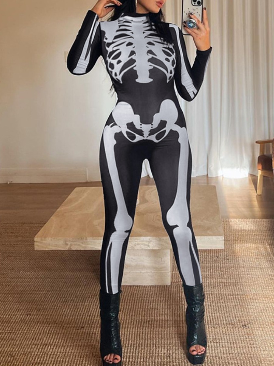 LW Turtleneck Skeleton Print Skinny Jumpsuit