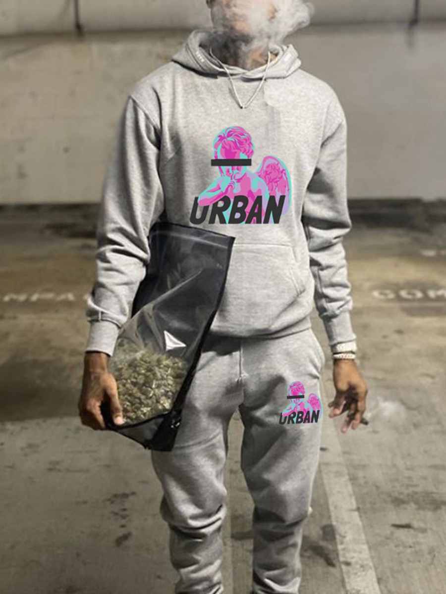LW Men Figure Letter Print Kangaroo Pocket Tracksuit Set