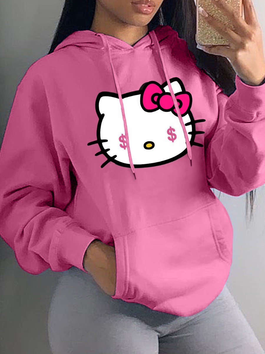 LW Plus Size Cartoon Print Kangaroo Pocket Hoodie