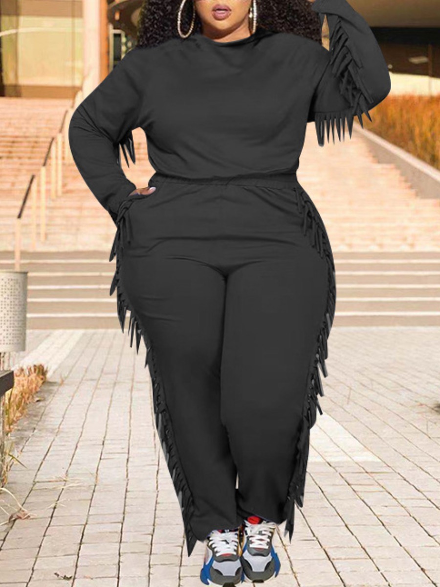 LW Plus Size Hooded Collar Tassel Design Pants Set