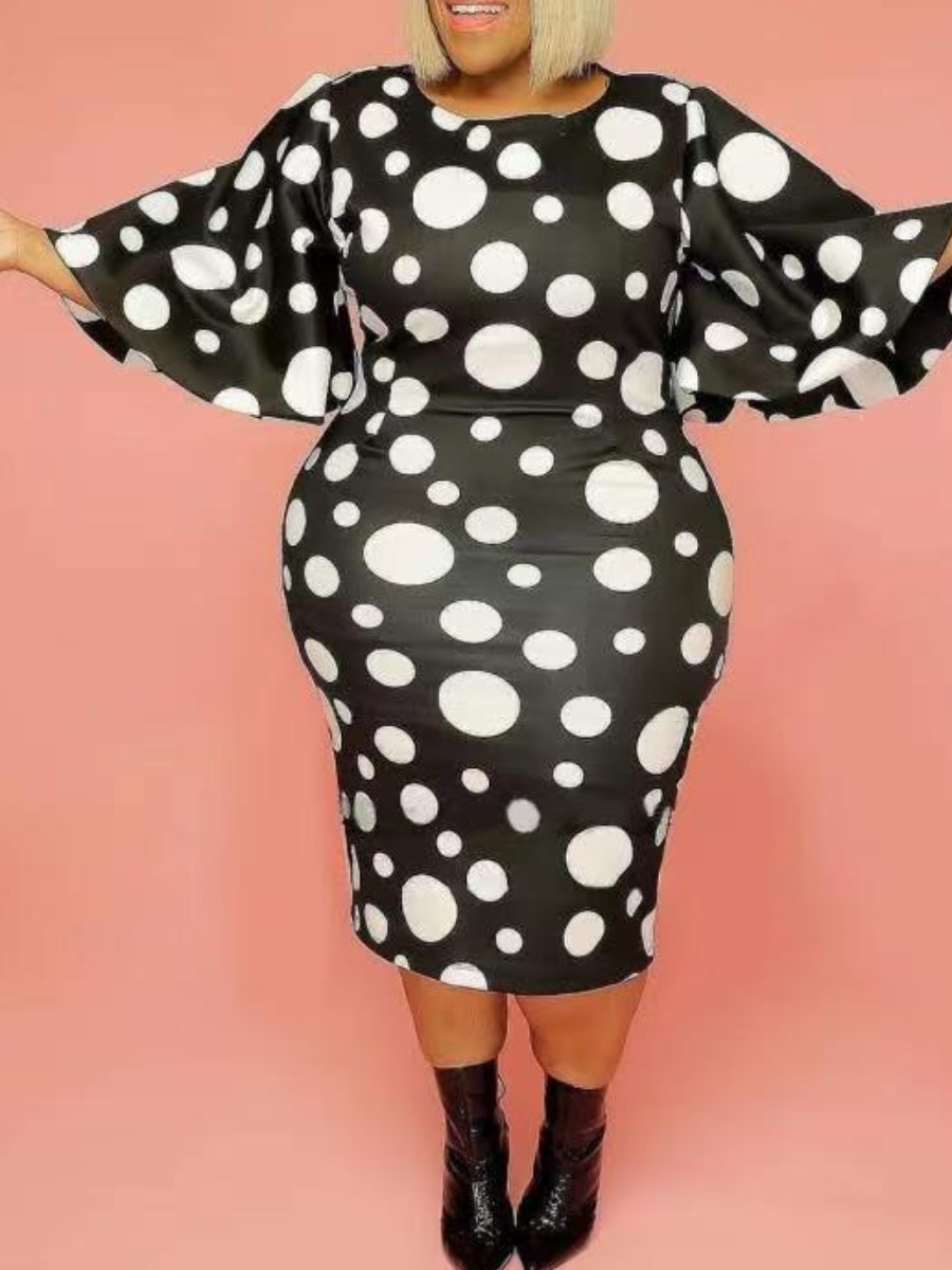 LW Plus Size Bell Sleve Polka Dot Print Bodycon Dress
