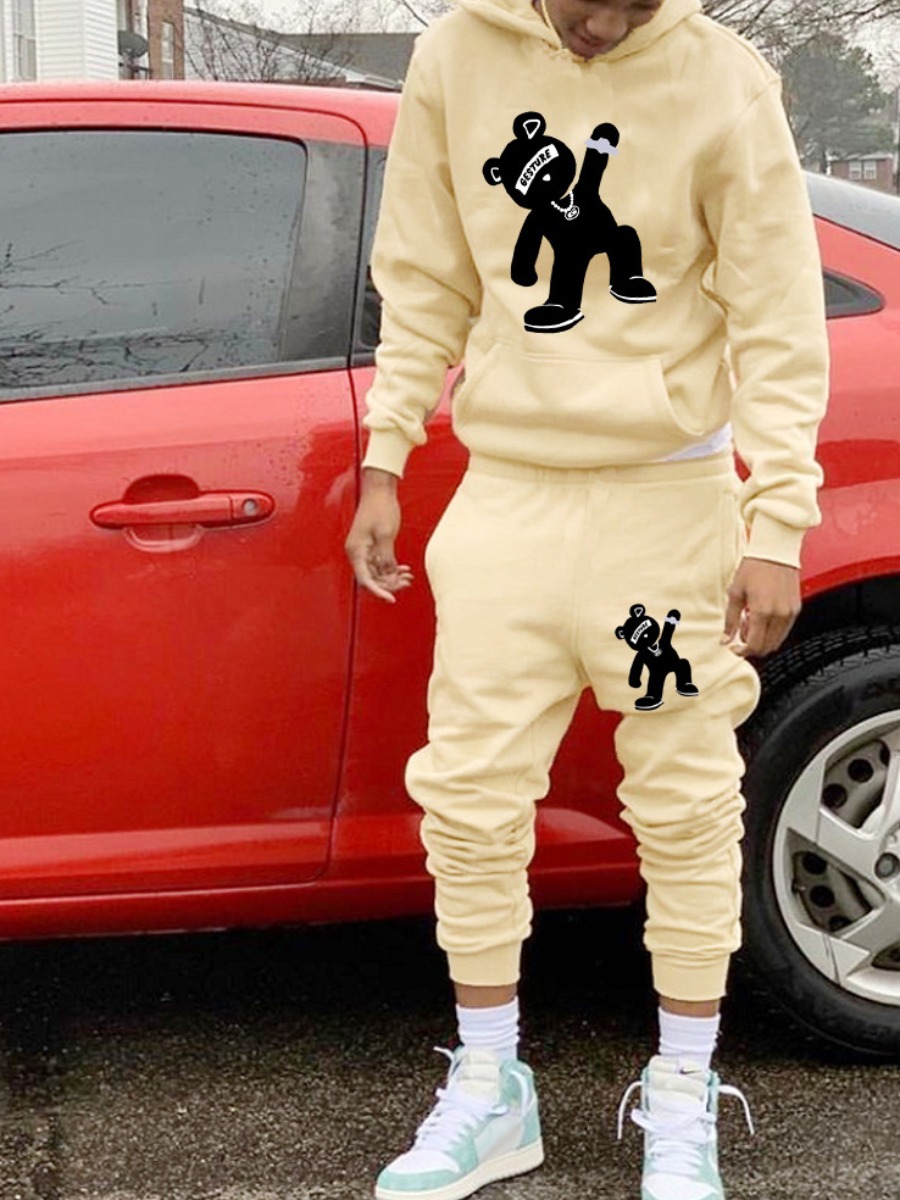 LW Men Cartoon Letter Print Kangaroo Pocket Tracksuit Set