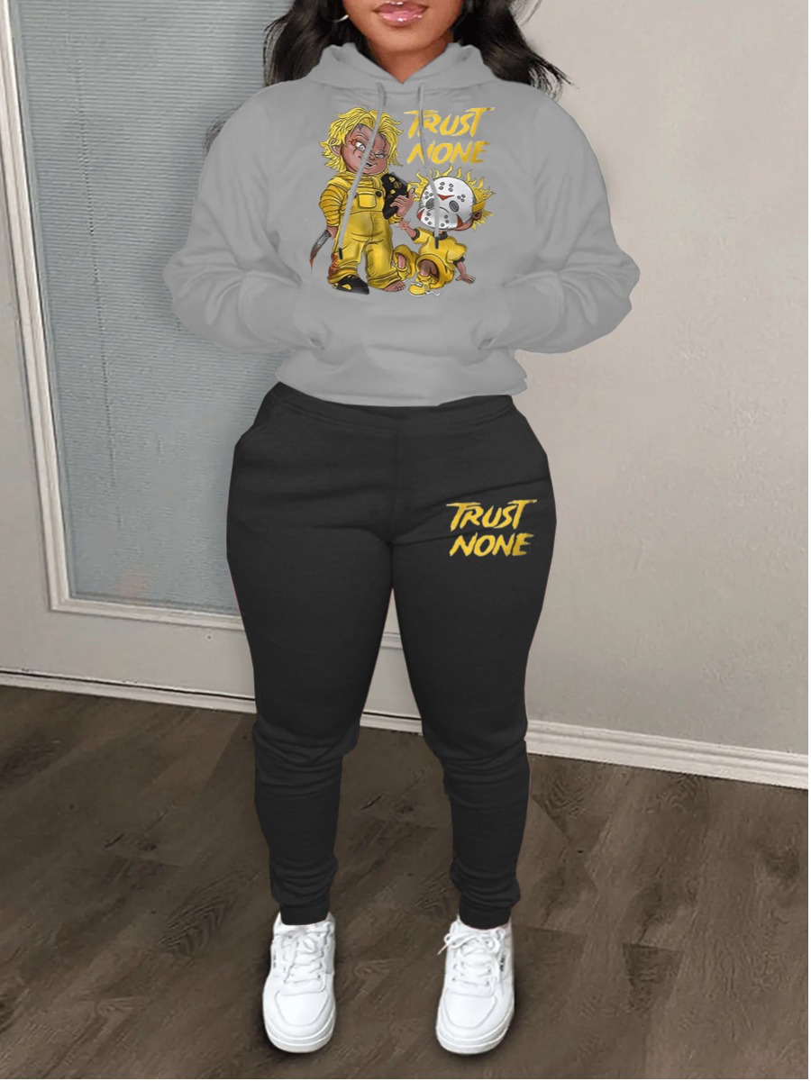 LW Plus Size Cartoon Letter Print Kangaroo Pocket Tracksuit Set
