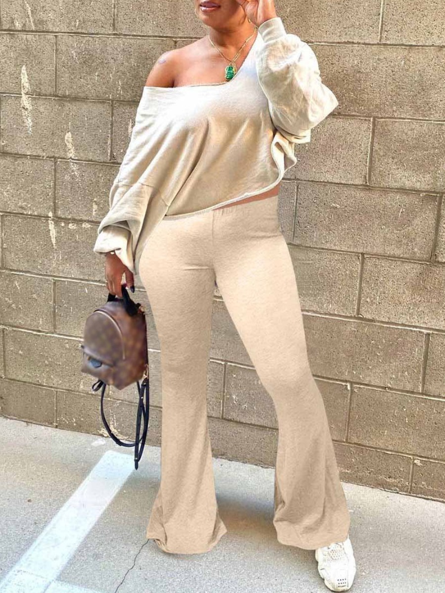 LW BASICS V Neck Loose Flared Pants Set