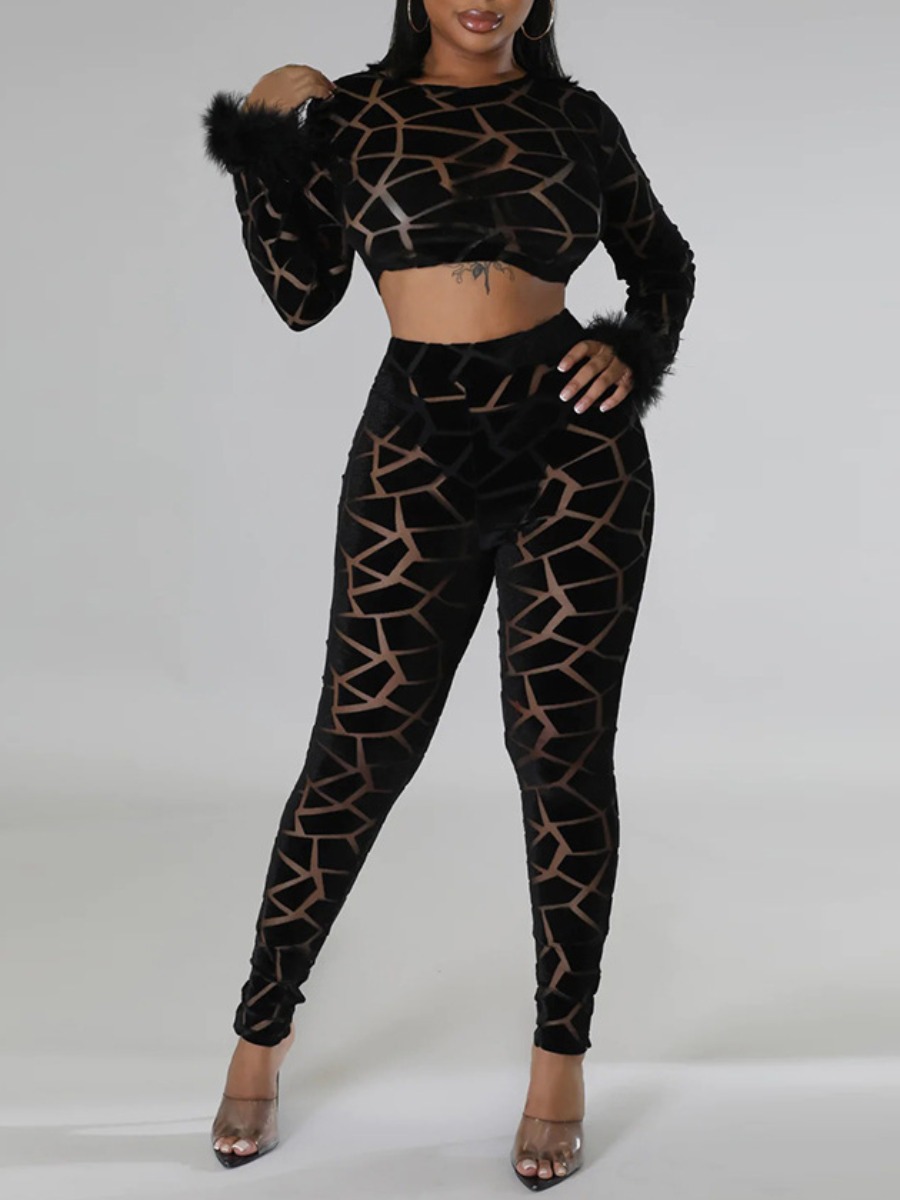 LW SXY Crop Top Feathers Decor See Through Pants Set