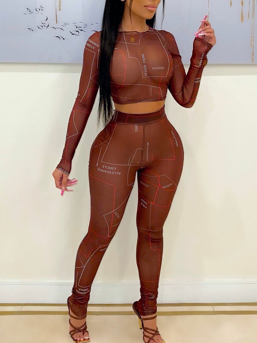 LW Crop Top Letter Print See Through Skinny Pants Set
