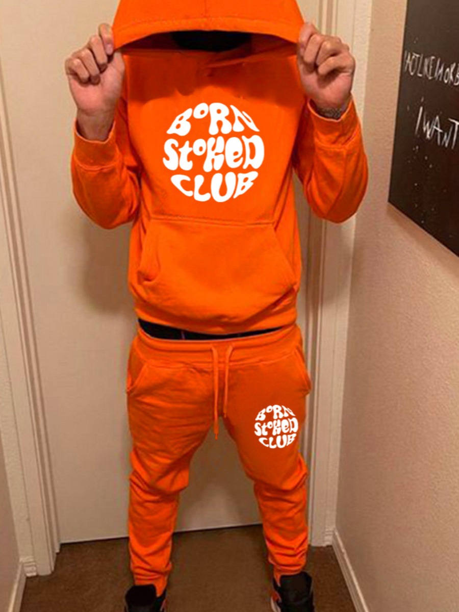 LW Men Letter Print Kangaroo Pocket Tracksuit Set