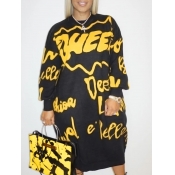 LW BASICS Plus Size Casual O Neck Letter Print Bla