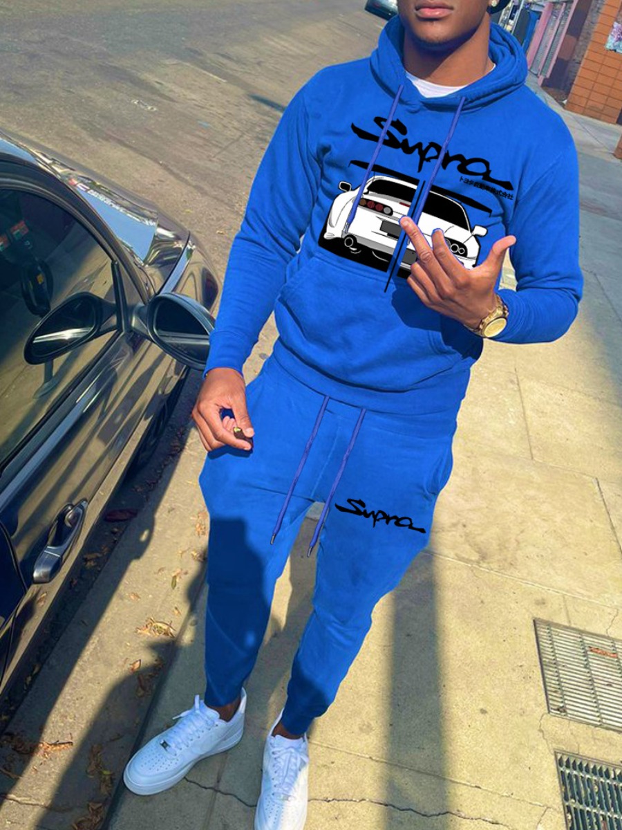 LW Men Figure Letter Print Kangaroo Pocket Tracksuit Set