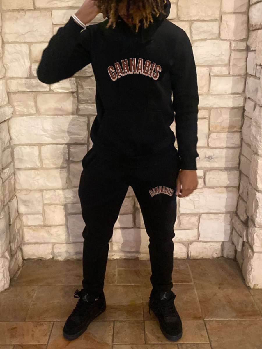 LW Men Letter Print Kangaroo Pocket Tracksuit Set