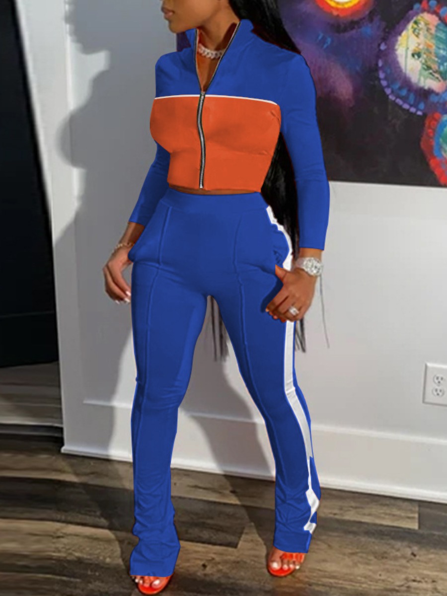 LW Crop Top Striped Patchwork Flared Pants Set