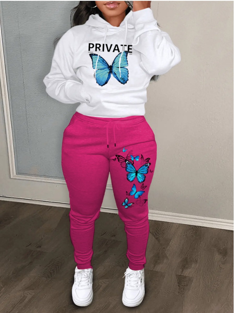 LW Butterfly Letter Print Kangaroo Pocket Tracksuit Set