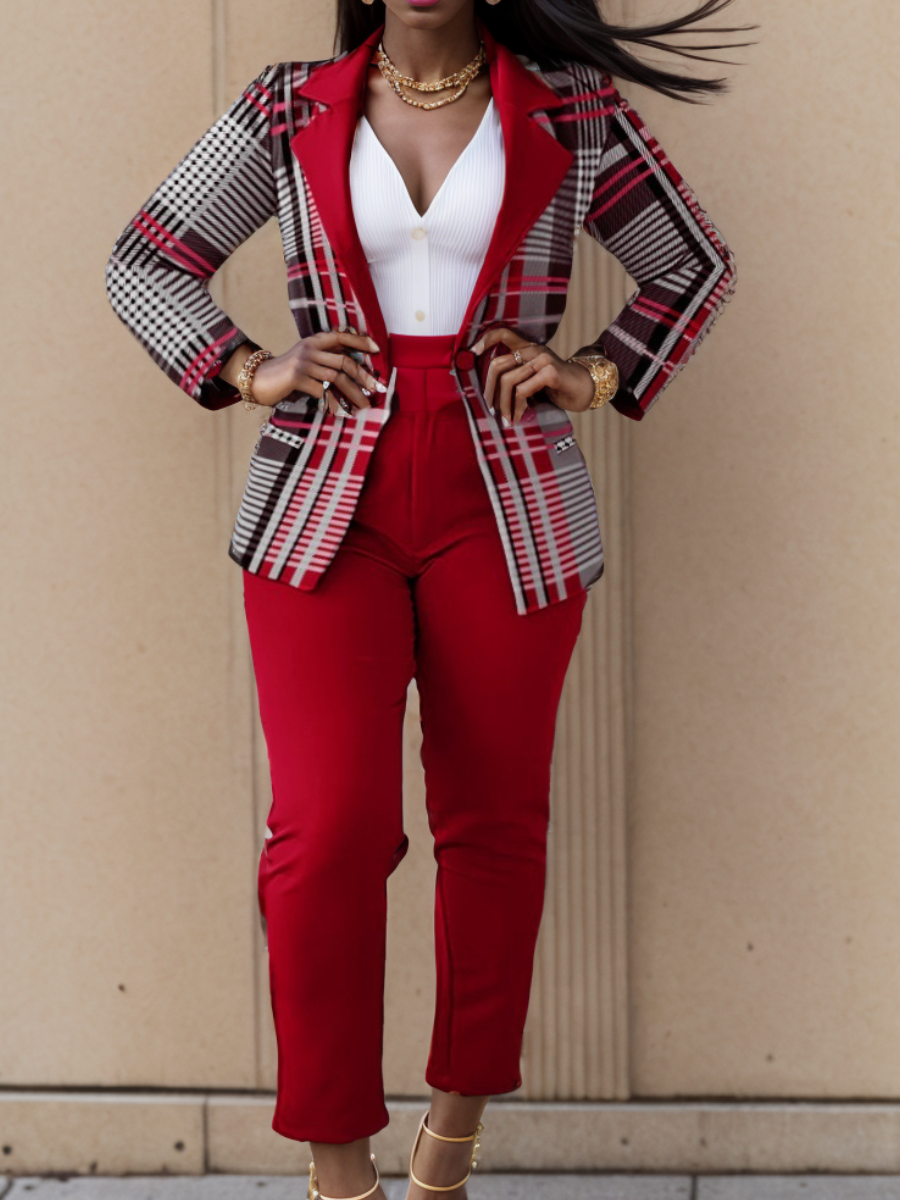 LW Plaid Print Belt Design Blazer Pants Set (With belt）