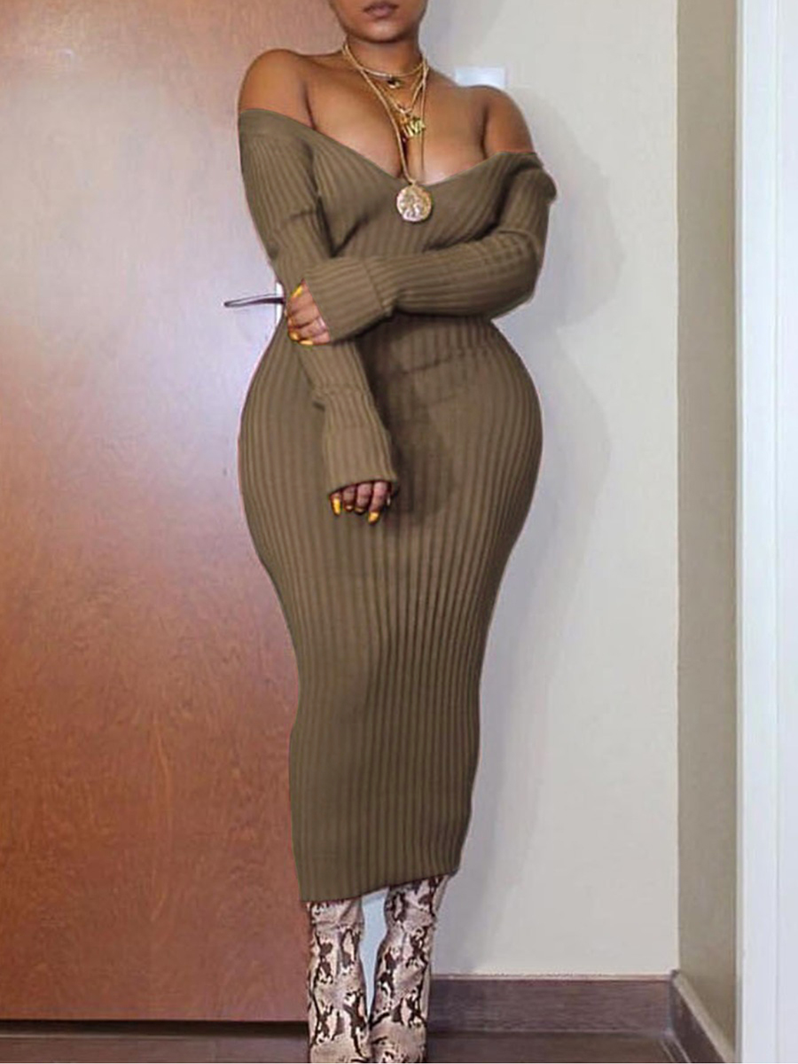 LW BASICS Off The Shoulder Rib Knit Bodycon Dress