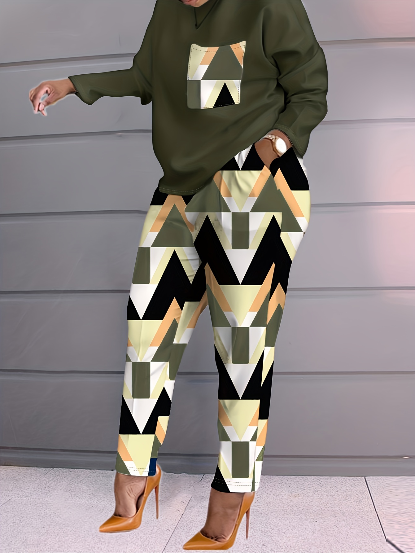 LW Plus Size Geometric Print Pocket Design Pants Set