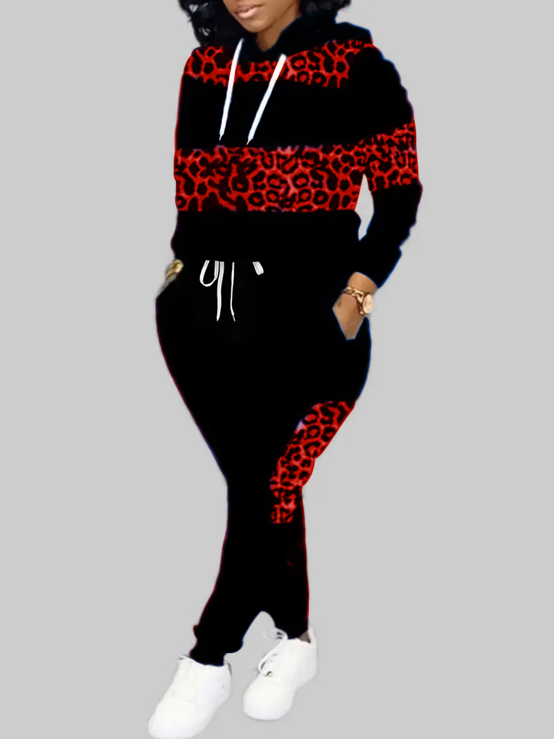 LW Plus Size Hooded Collar Leopard Print Tracksuit Set