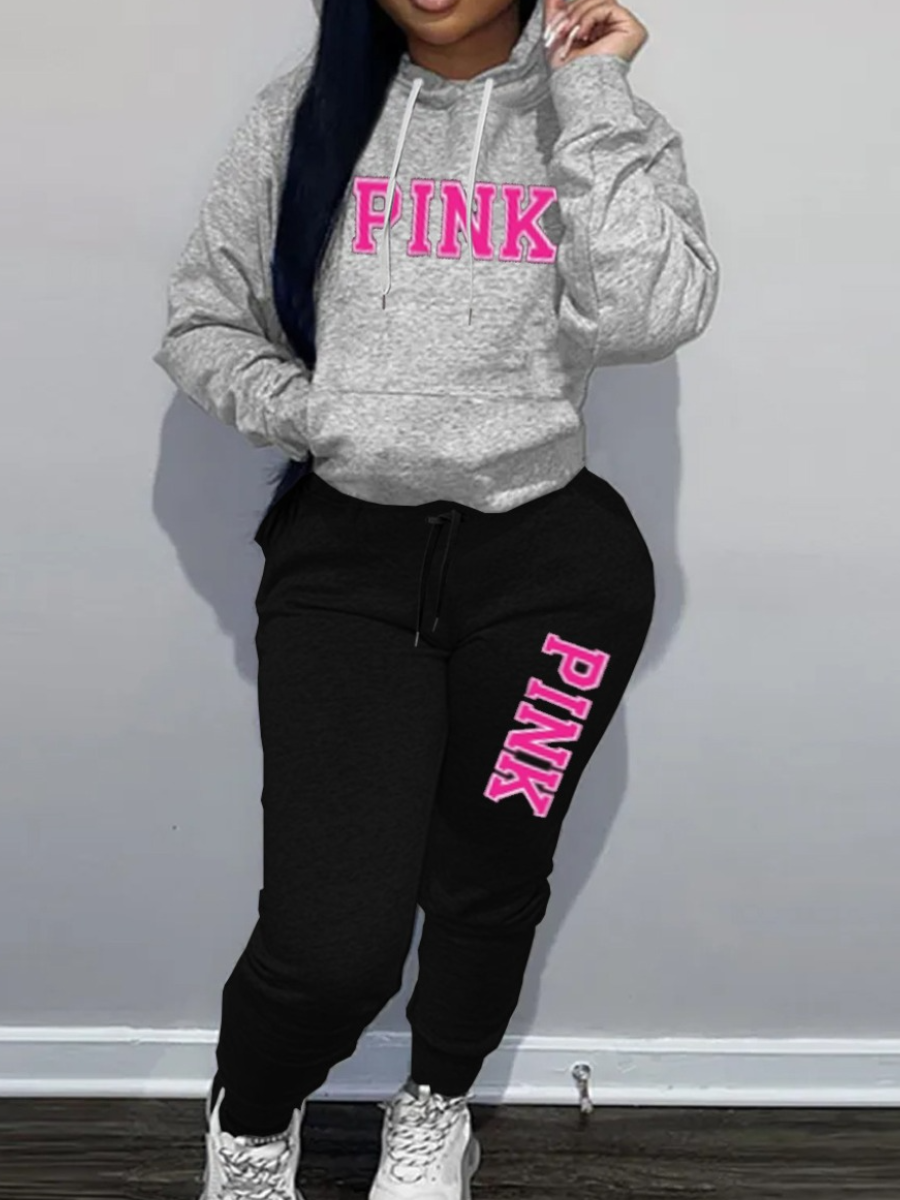 LW Plus Size Pink Letter Print Kangaroo Pocket Tracksuit Set